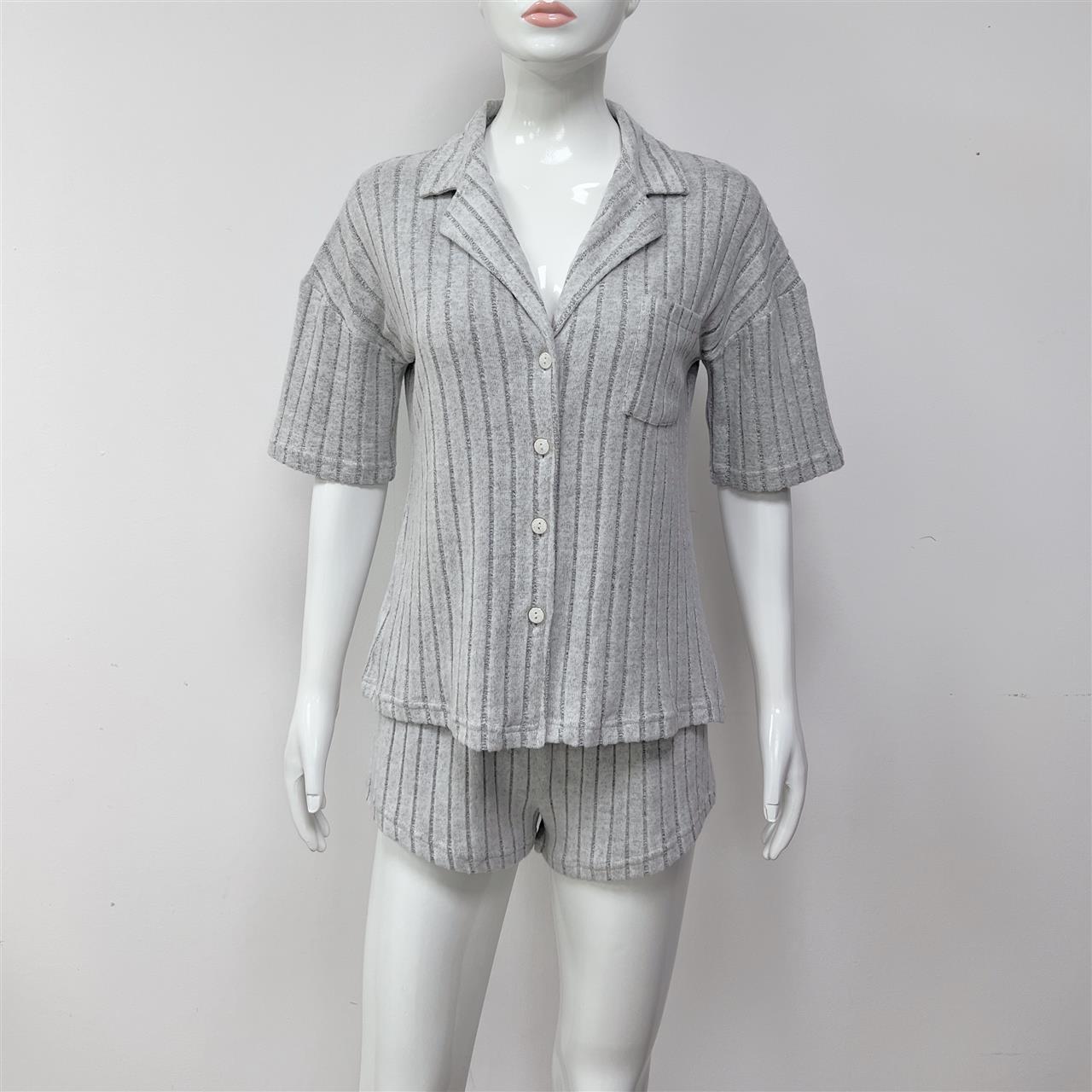 BamBam Fashionable Pajama Suit Ribbed Short-Sleeved Turndown Collar Sleepwear Two-Piece Shorts Set Home Wear Set - BamBam