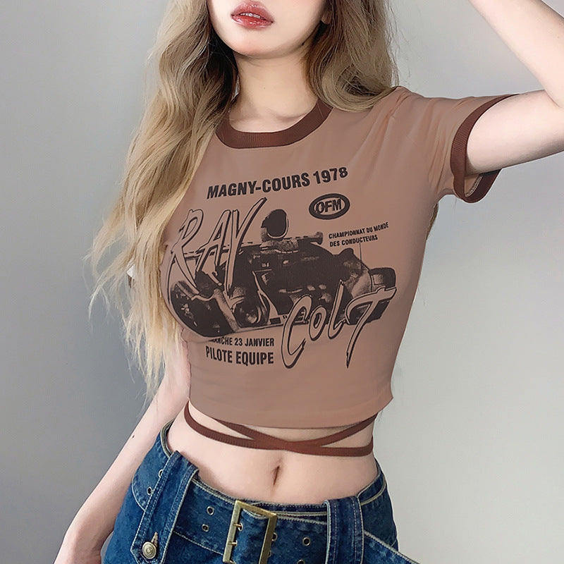 BamBam Summer Sexy Slim Fashion Print Round Neck Lace-Up Corset Crop T-Shirt Women - BamBam