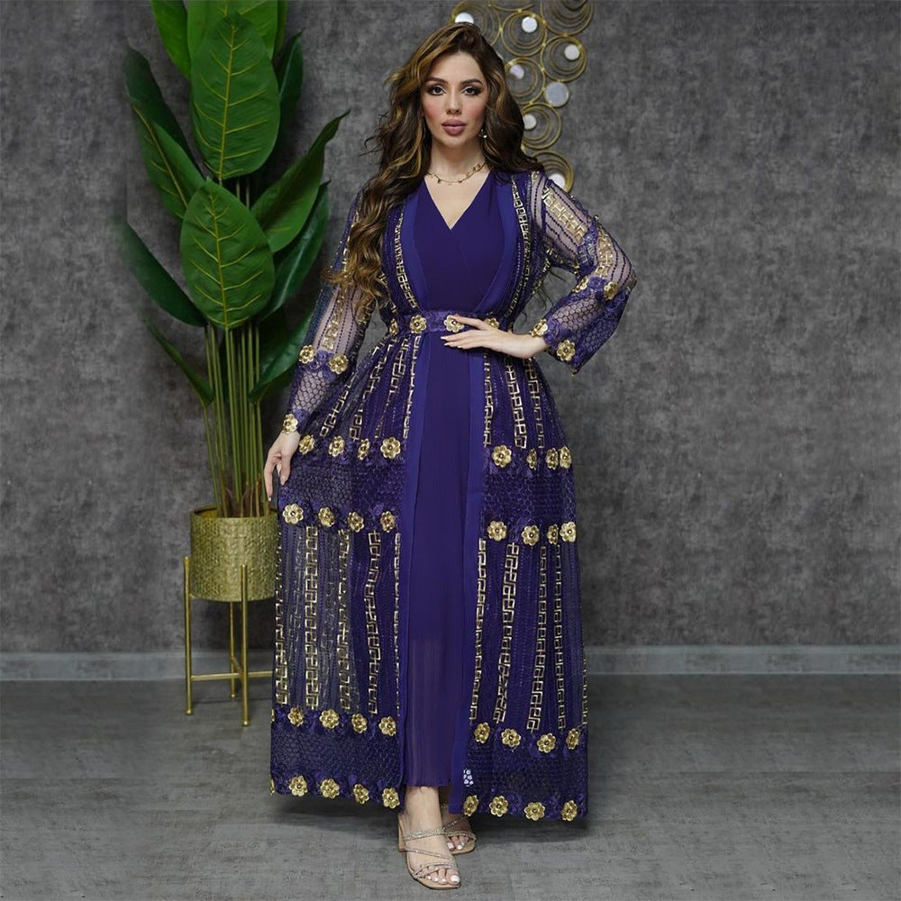 BamBam Embroidered mesh jacket with chiffon sundress suit kaftan dress - BamBam