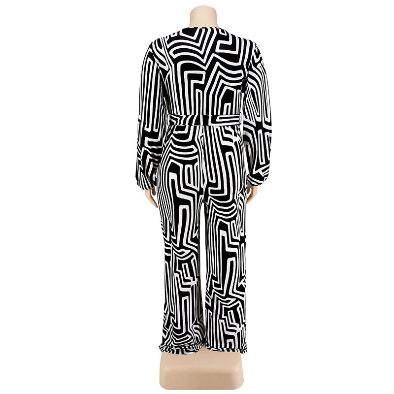 BamBam Plus Size Women'S Print Long Sleeve Wrap Wide Leg Jumpsuit - BamBam Clothing