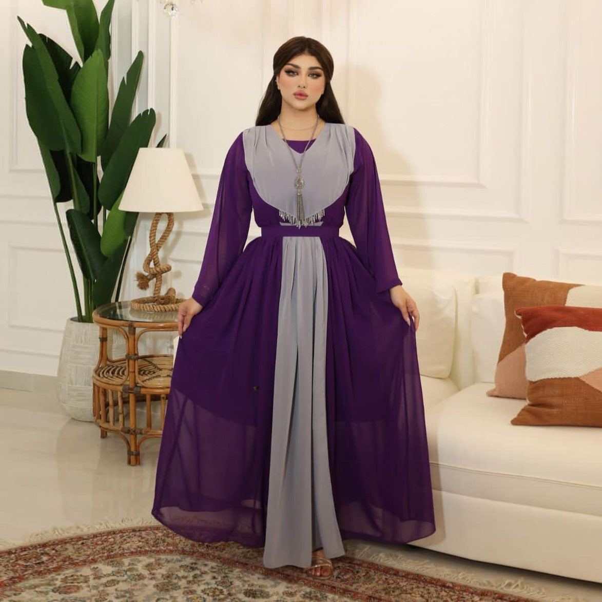 BamBam Muslim chiffon Contrast Long sleeve mesh Long Gown - BamBam