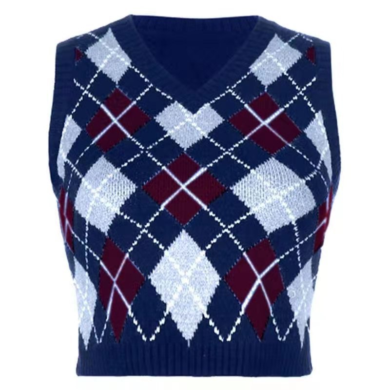 BamBam Women Solid Plaid Sleeveless V-Neck Sweater - BamBam