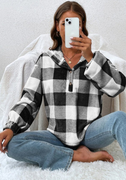 Autumn And Winter Plaid Button Hooded Loose Casual Hoodies Women's Clothing