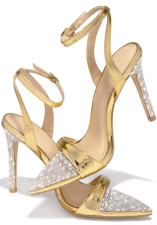 Buckle Rhinestone Stiletto Peep-Toe High-Heeled Sandals Round Head Open Toe Heels