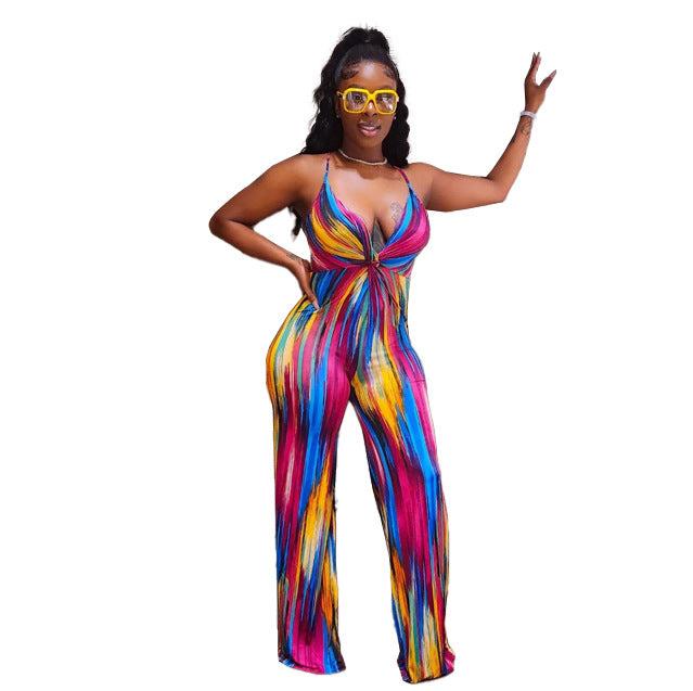 BamBam Sexy Slim Print V-Neck Straps Jumpsuit - BamBam Clothing