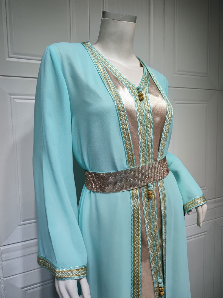 BamBam Women Spring Blue Tape Belted Islamic Clothing Kaftan Abaya Muslim Dress two piece set - BamBam