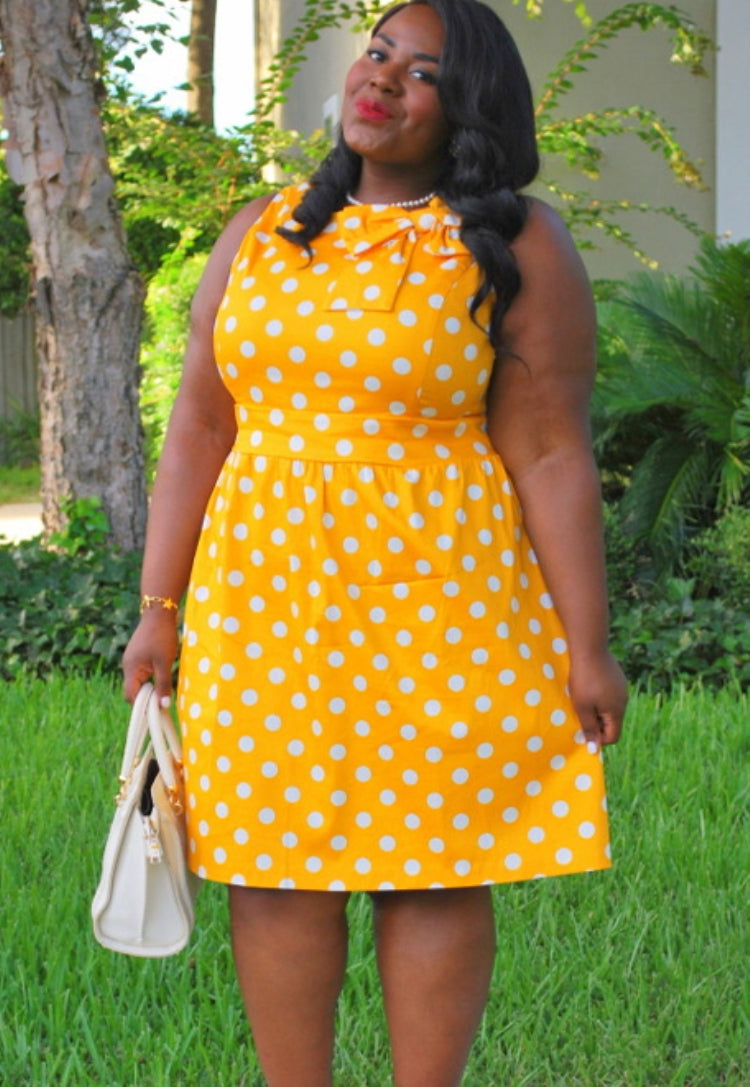 BamBam Women Summer Yellow Sweet O-Neck Sleeveless Dot Print Midi A-line Plus Size Casual Dress - BamBam