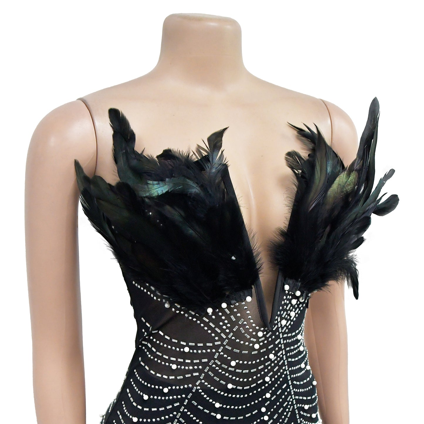 BamBam Fashion Women's Solid Color Mesh Beaded Feather Dress - BamBam Clothing Clothing