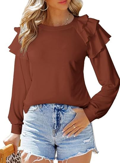 BamBam Autumn And Winter Ruffled Long-Sleeved Round Neck Pullover Solid Color T-Shirt Women's Top - BamBam