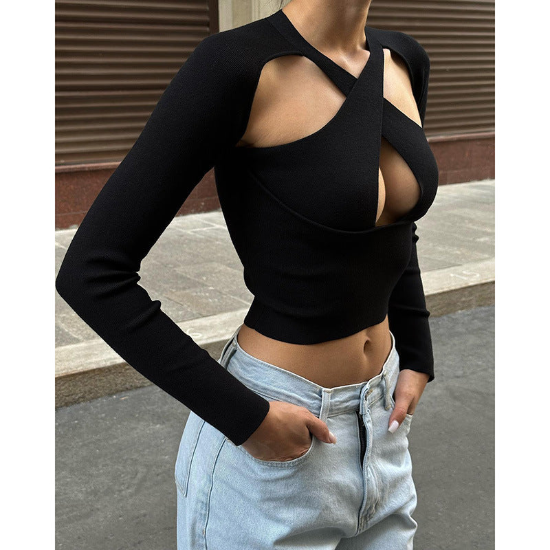 BamBam Autumn Fashion Chic Knitting Sexy Cross Hollow Plunging Slim Long Sleeve Top For Women - BamBam