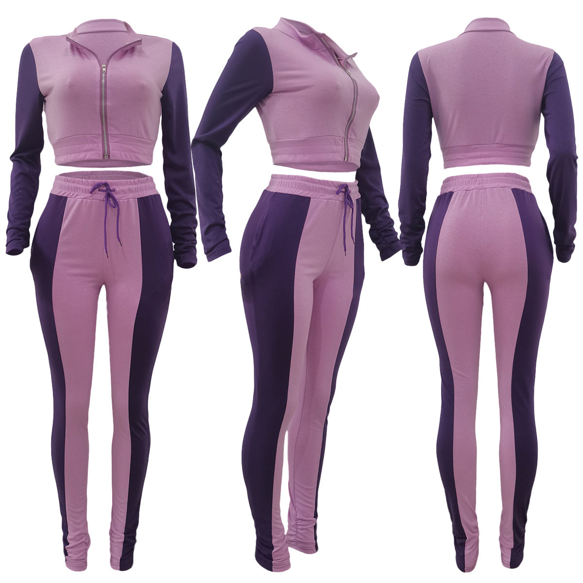 BamBam Women Autumn and Winter Casual Color Block Long Sleeve Top and Pant Two-piece Set - BamBam