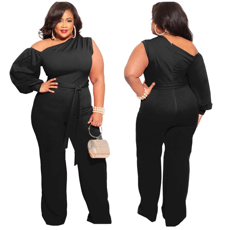 BamBam Fall Plus Size Women'S Slash Shoulder Single Sleeve Wide Leg Jumpsuit With Belt - BamBam Clothing