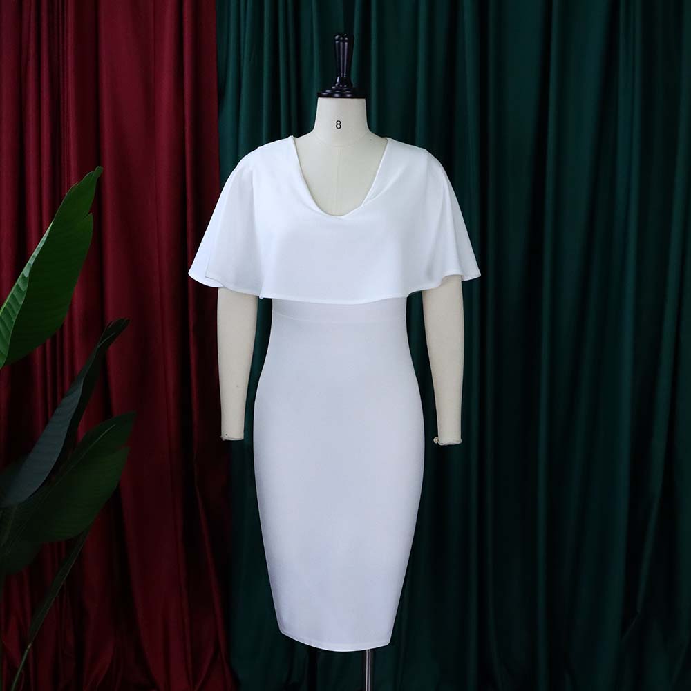 BamBam Women Summer White Formal V-neck Cape Sleeve Solid Midi Sheath Office Dress - BamBam