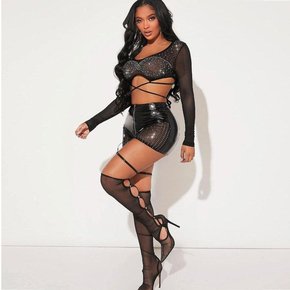 BamBam Women Sexy Patchwork Beaded Lace-Up Long Sleeve Crop Top and Shorts Two-piece Set - BamBam