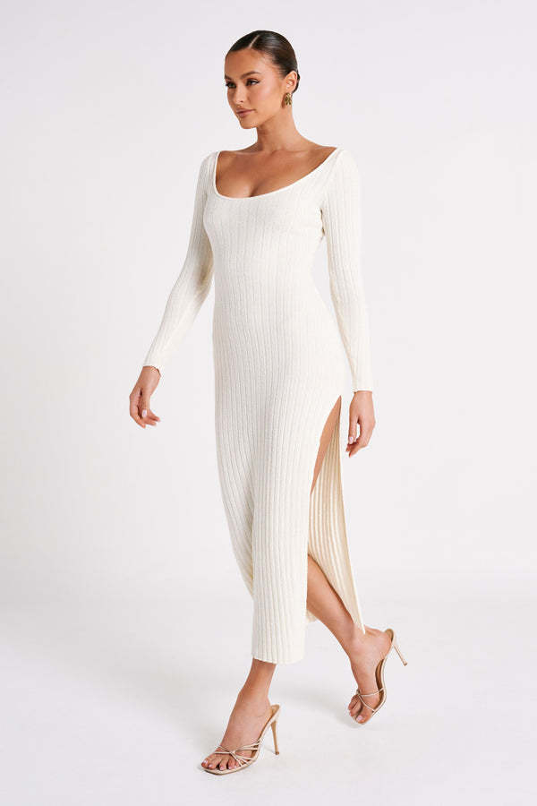 BamBam Women Autumn and Winter Round Neck Long Sleeve Slit Sexy Knitting Dress - BamBam