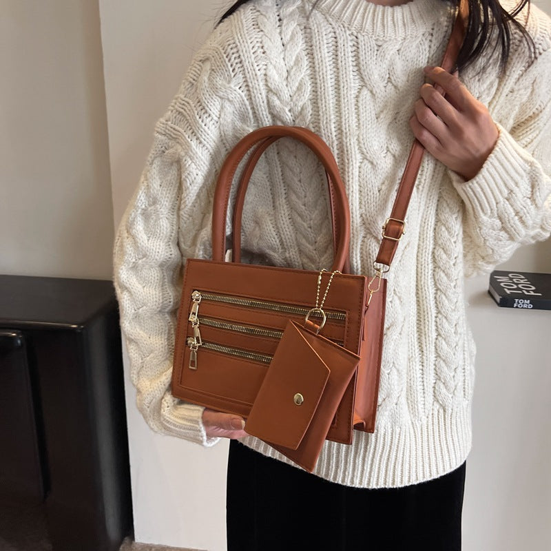 BamBam Multi-Zipper Autumn Fashion Style Simple Casual Textured One-Shoulder Crossbody Small Square Bag - BamBam