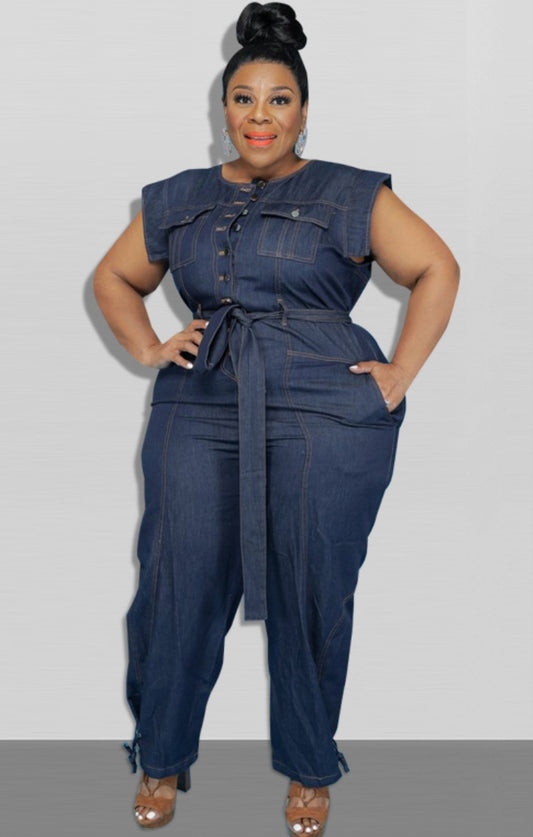 Summer Plus Size Sleeveless Denim Jumpsuit with Belt