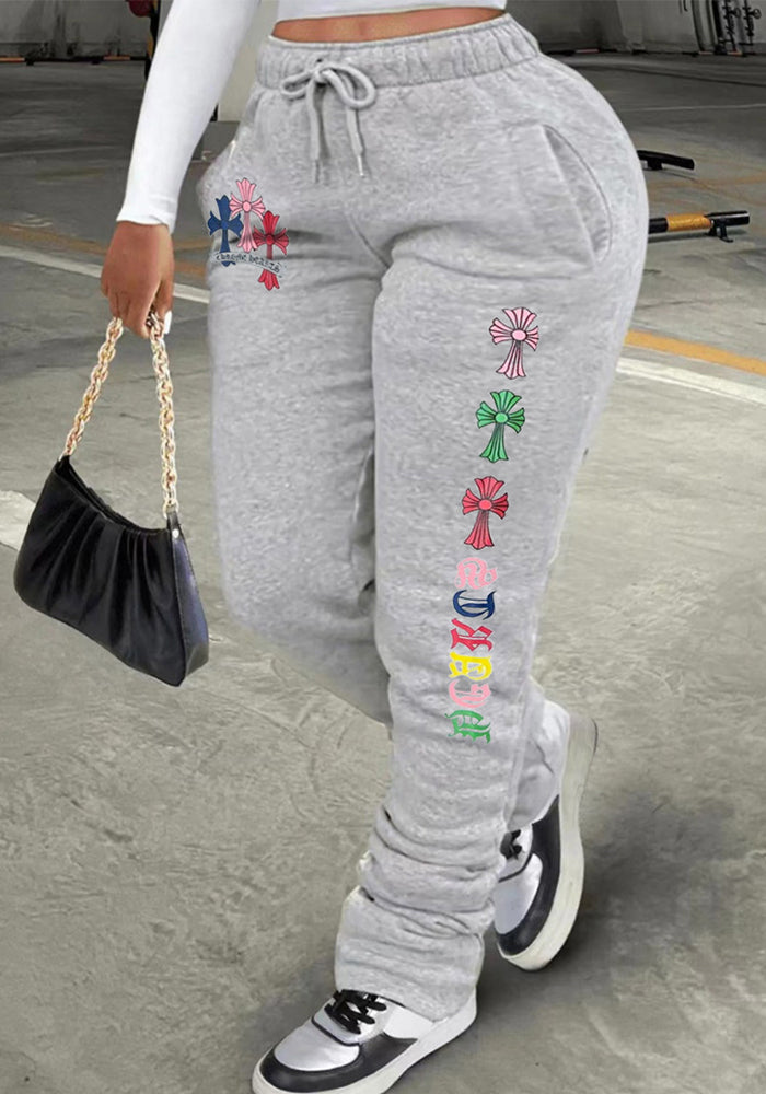 Women Sports Casual Printed Drawstring Pocket Stacked Pant