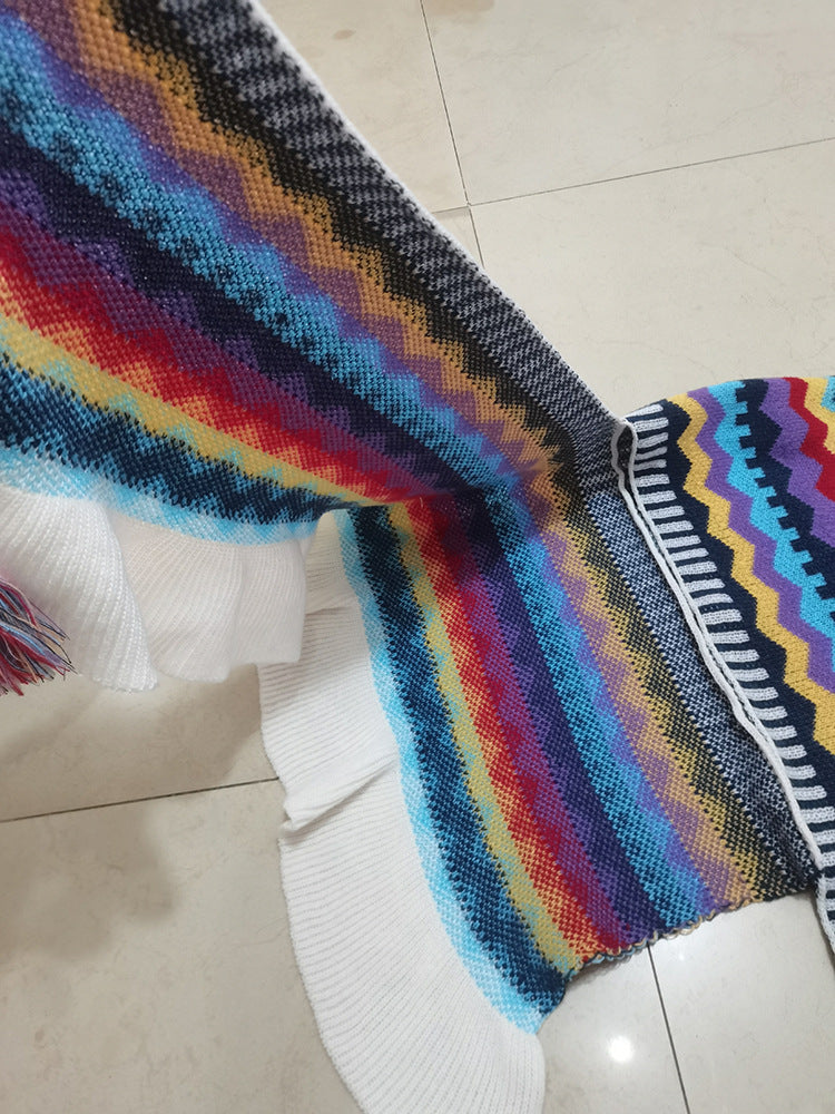 BamBam Women Autumn and Winter Geometric Knitting Crochet Tassel Cardigan Cape Jacket - BamBam