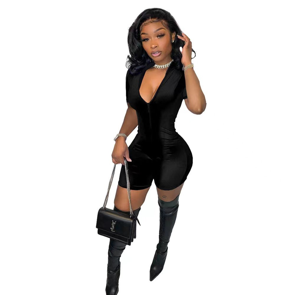 BamBam Women Sexy Velvet Short Sleeve Jumpsuit . - BamBam Clothing