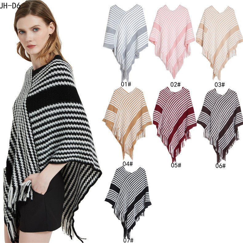 BamBam Women winter bat sleeve black striped knitting shawl sweater - BamBam