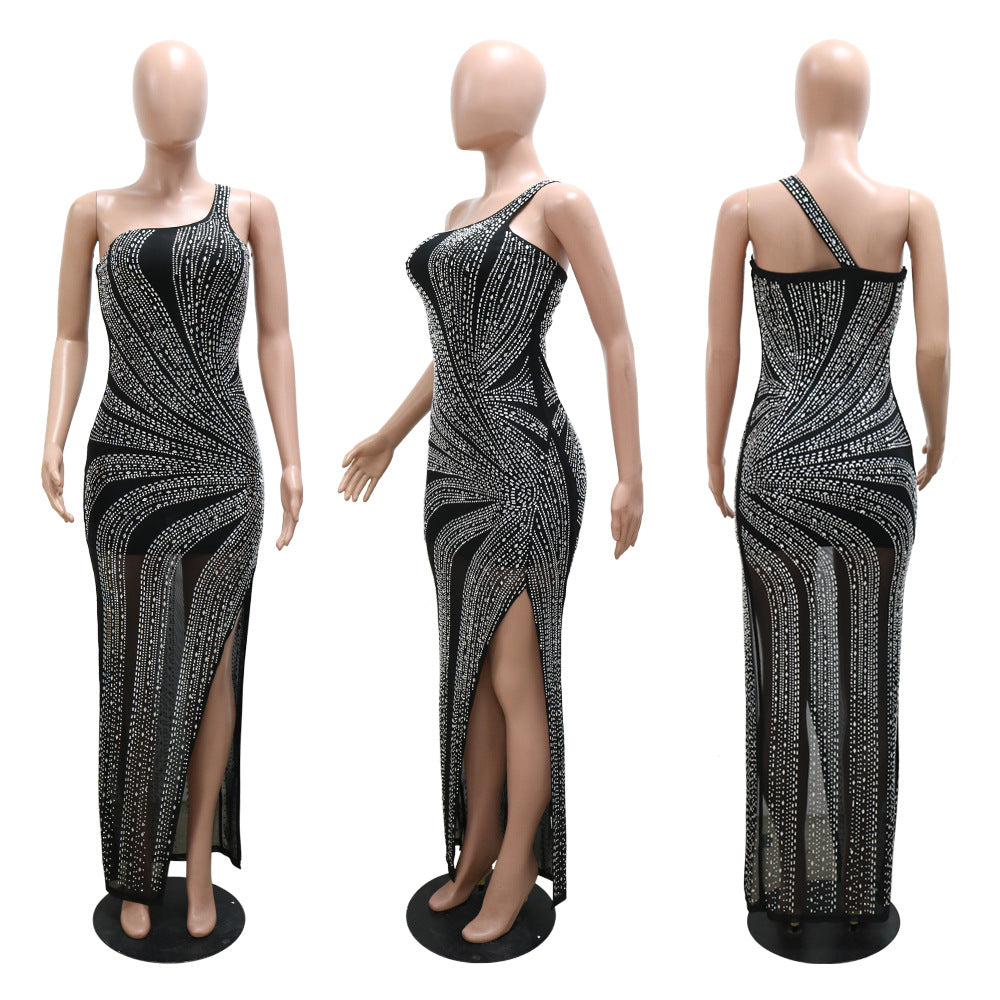 BamBam Fashion Women's Slash Shoulder Sexy See-Through Beaded Evening Dress - BamBam Clothing Clothing