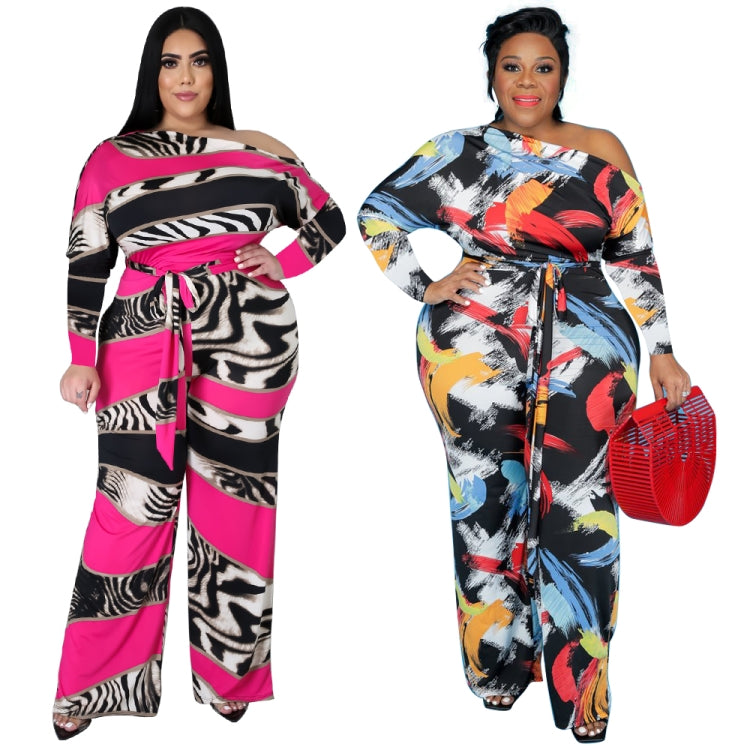 BamBam Autumn Plus Size Print Formal Jumpsuit with Belt - BamBam Clothing