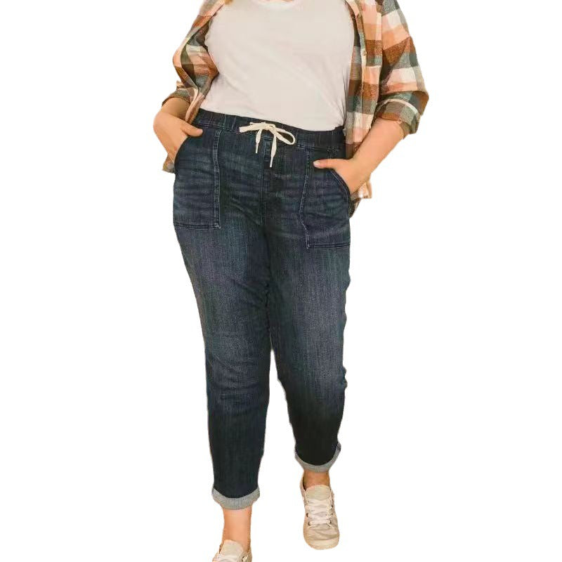 BamBam Plus Size Women Fall High Waisted Loose Stretch Denim Pants - BamBam