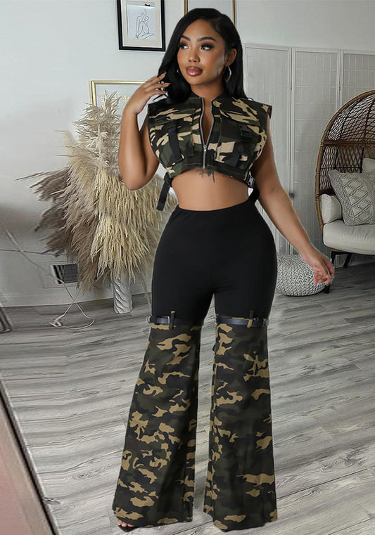 Women Style Camo Patchwork Bell Bottom Stretch Pants