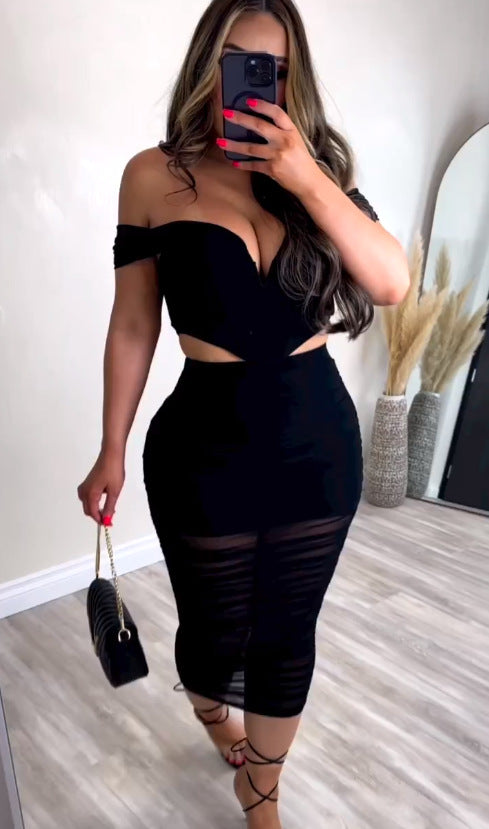 BamBam Slim And Sexy Mesh Patchwork See-Through Off Shoulder Bodycon Two-Piece Skirt Set - BamBam