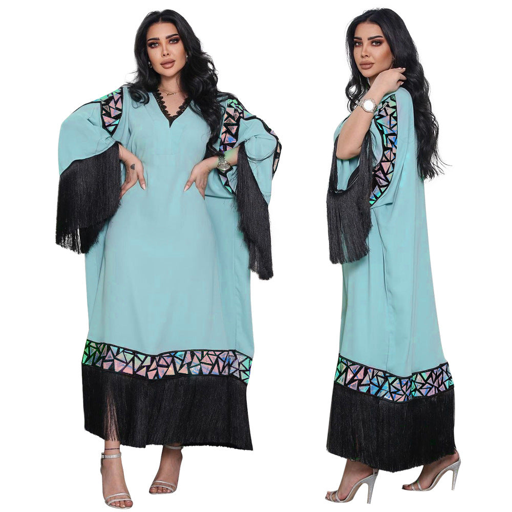 BamBam Sequined Tassel Robe Abaya Loose Fit Dress Arabian Ladies Clothing Dubai Muslim - BamBam