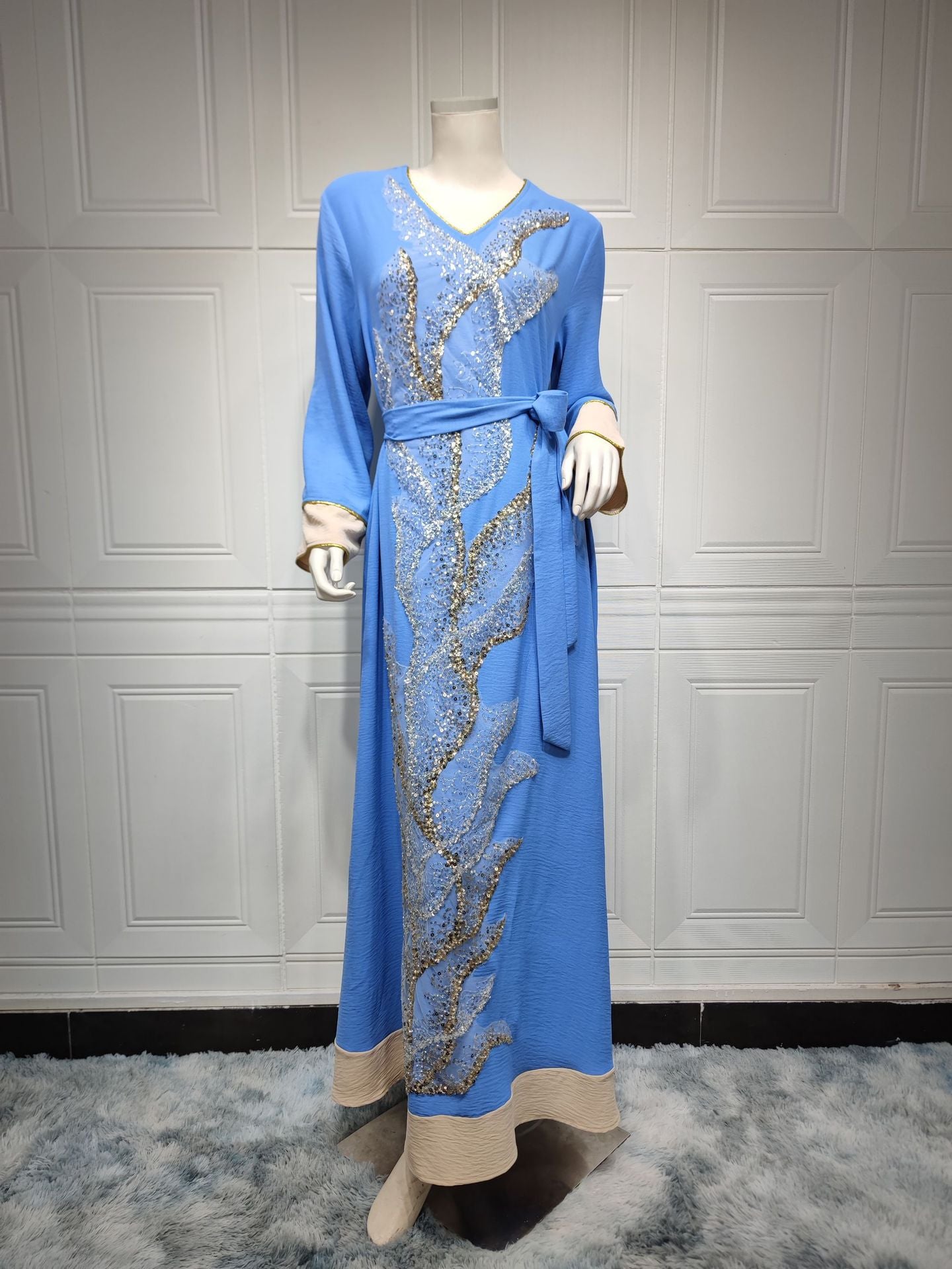 BamBam Muslim Robe Beaded Embroidery Fashion Abaya Arab Ladies Home Casual Dress - BamBam