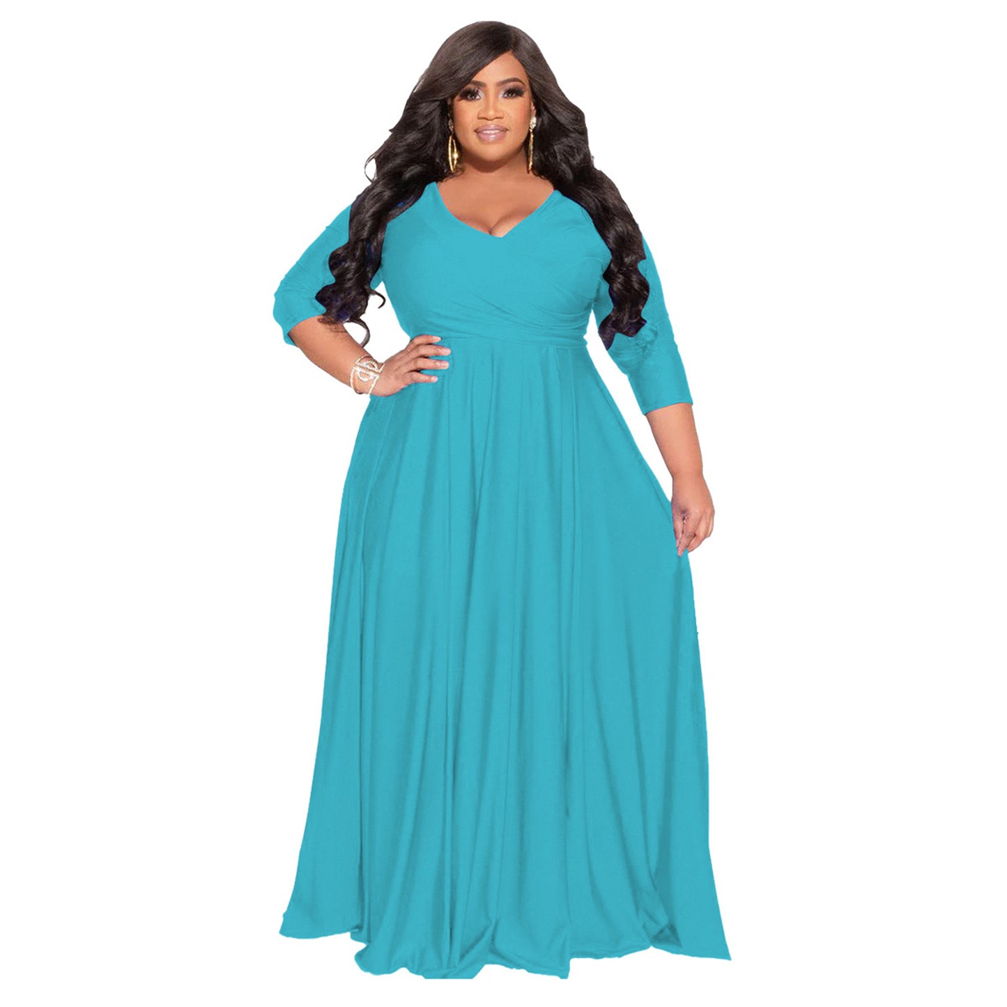 BamBam Plus Size Women's Solid Color V-Neck Sexy Long Dress - BamBam