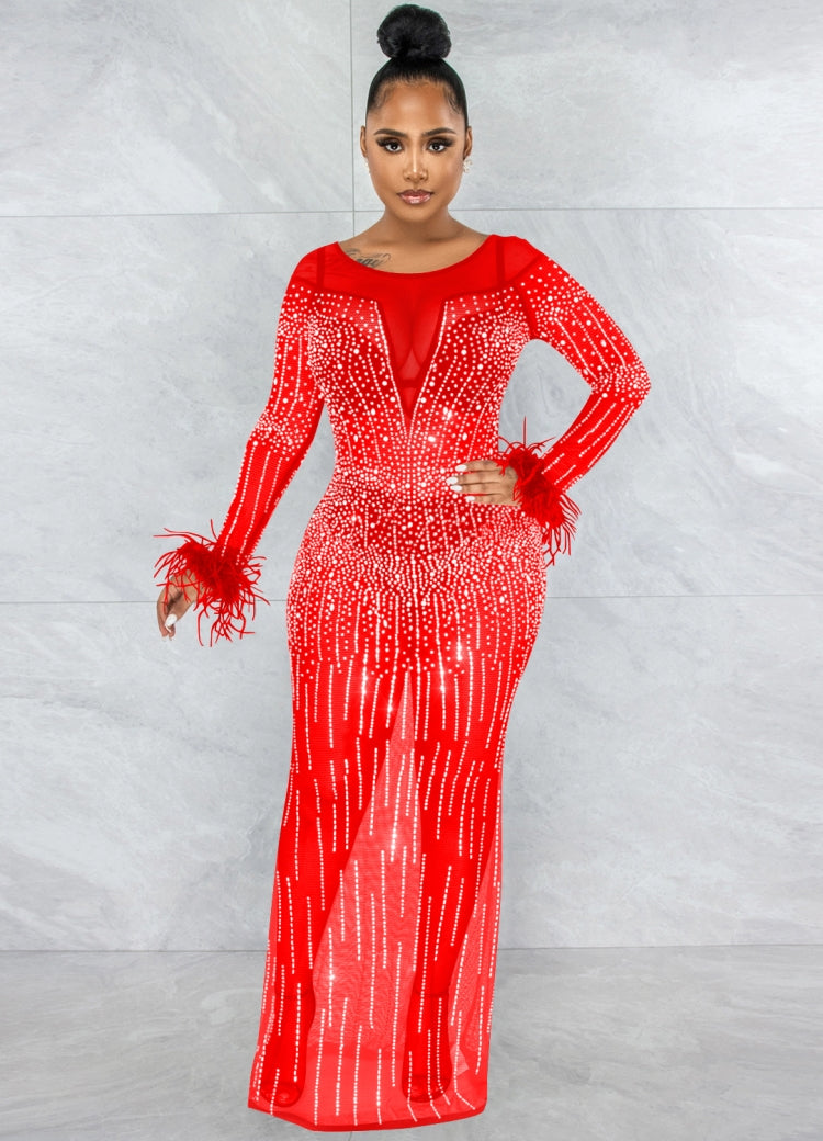 BamBam Women Spring Red Vintage O-Neck Full Sleeves Solid Mesh Diamonds Evening Dress - BamBam Clothing