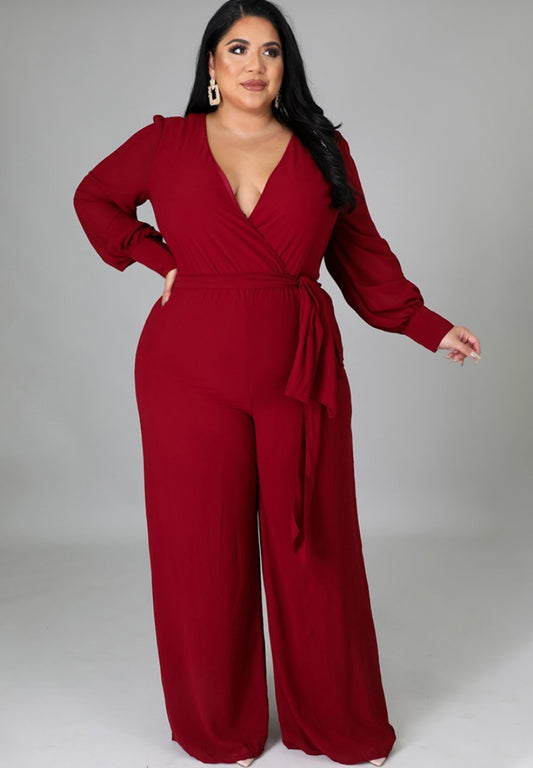 Autumn Plus Size Elegant Wrap Jumpsuit Red