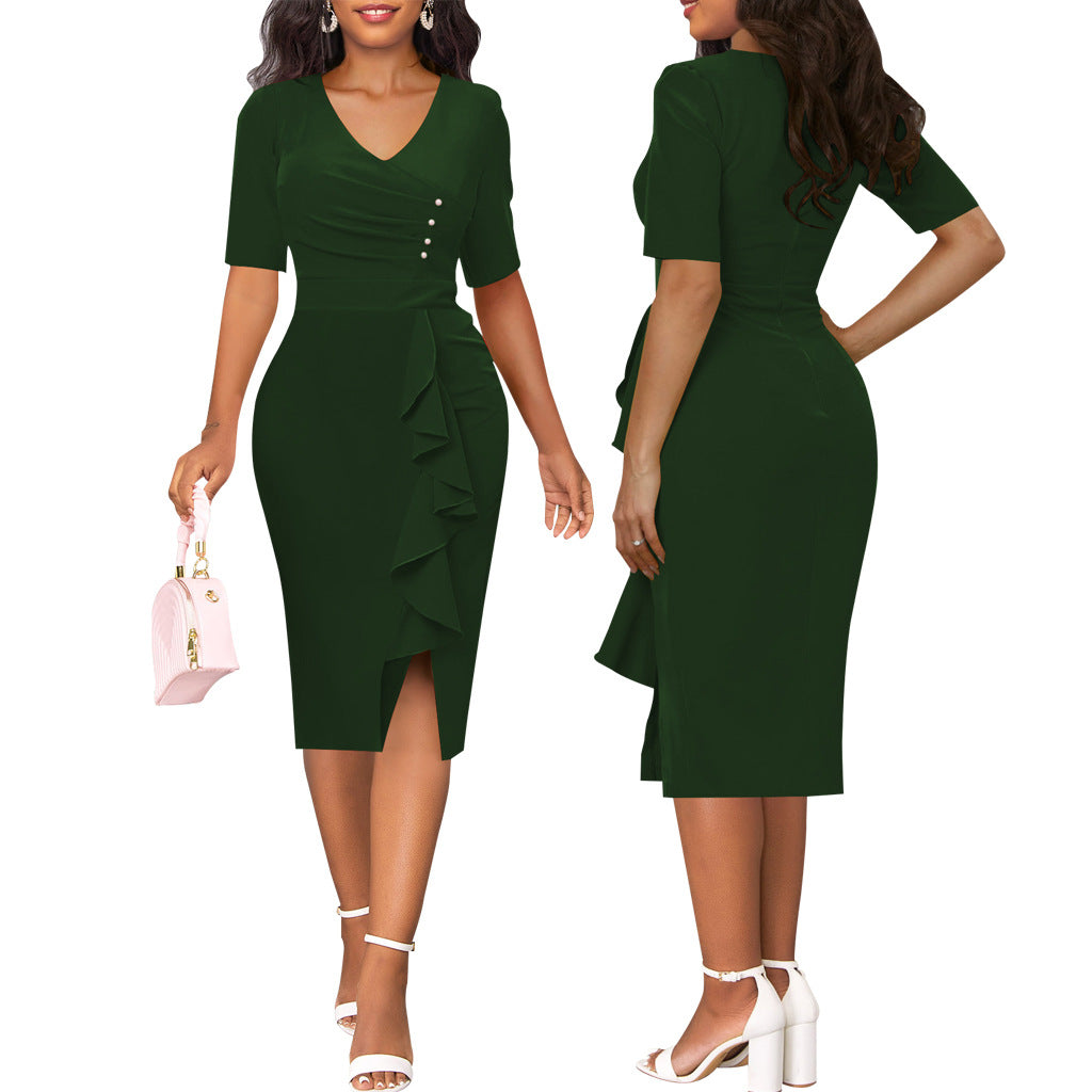 BamBam Sexy fashion solid color v-neck slit women's dress - BamBam