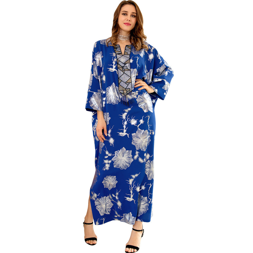 BamBam Summer Blue Bronzing Flower Beaded Logn Sleeve Ethnic Robe - BamBam