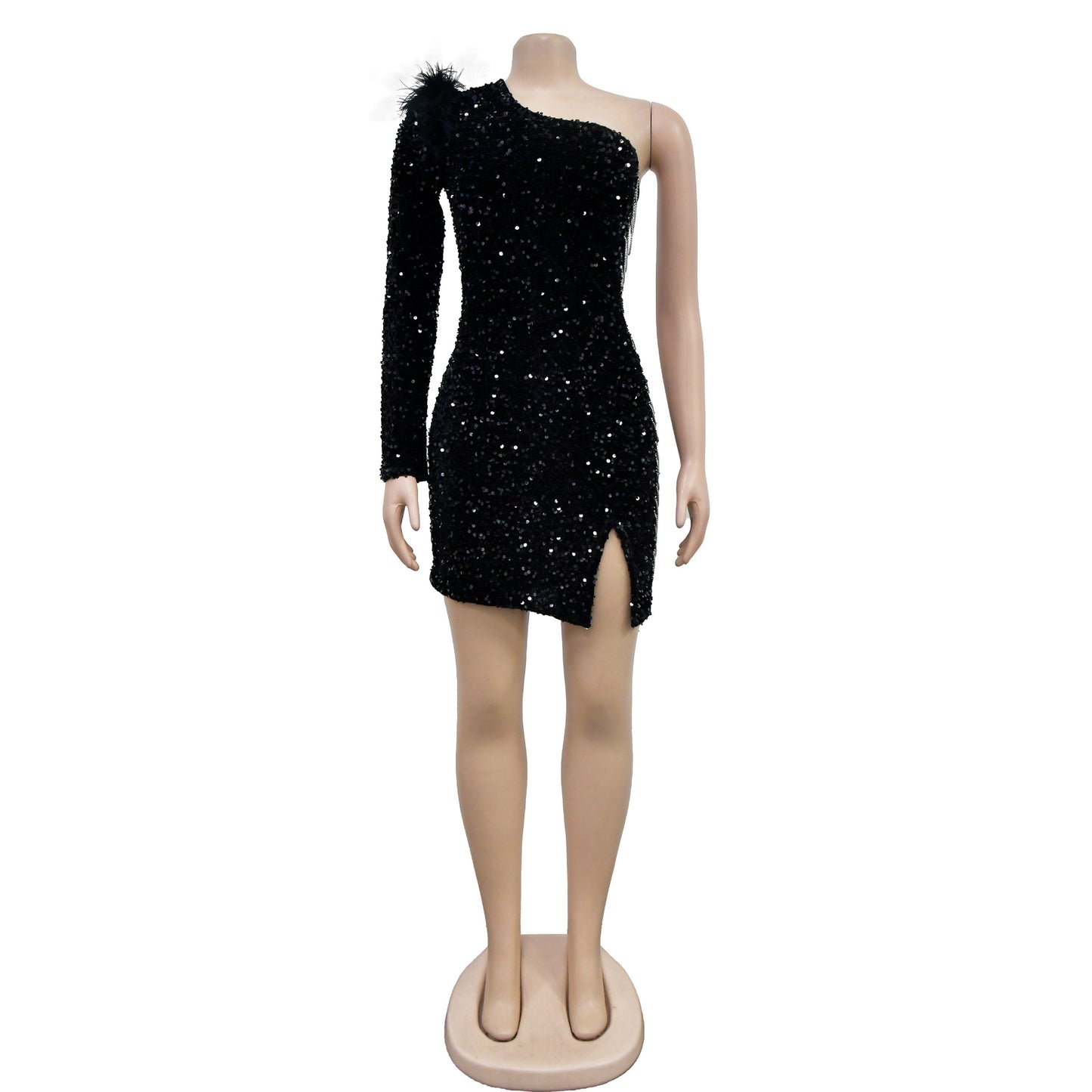 BamBam Fashion Women's Sexy One Shoulder Sequin Slit Bodycon Dress - BamBam Clothing Clothing