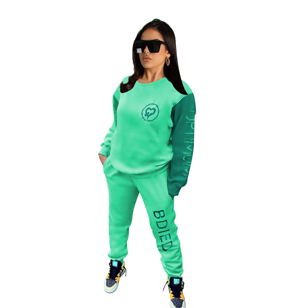 BamBam Women's Style Color Block Letter Embroidered Round Neck Two Piece Tracksuit - BamBam
