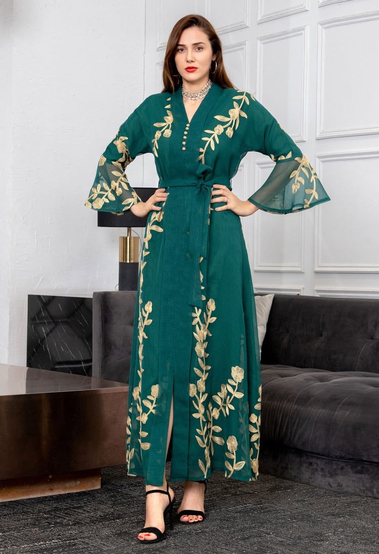 BamBam Women Summer Green Arab Dubai Middle East Turkey Morocco Floral Print Sequined Islamic Clothing Kaftan Abaya Muslim Dress - BamBam