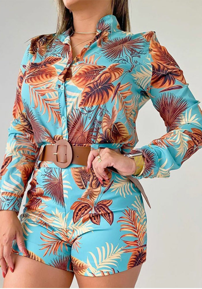 Women's Printed Long Sleeve Shirt Shorts Fashion Women's Two Piece Set