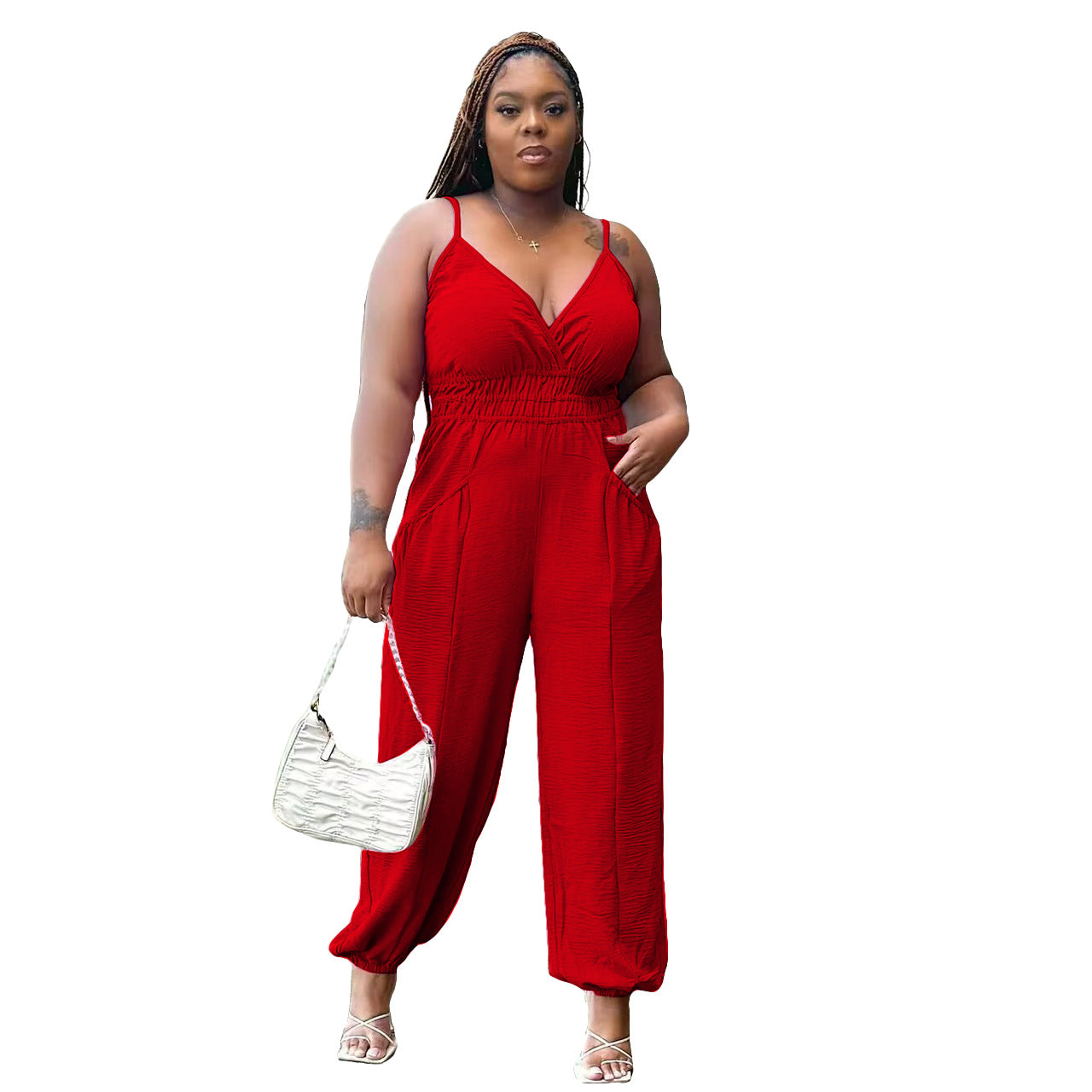 BamBam Women'S Straps V-Neck Casual Plus Size Linen Jumpsuit - BamBam Clothing