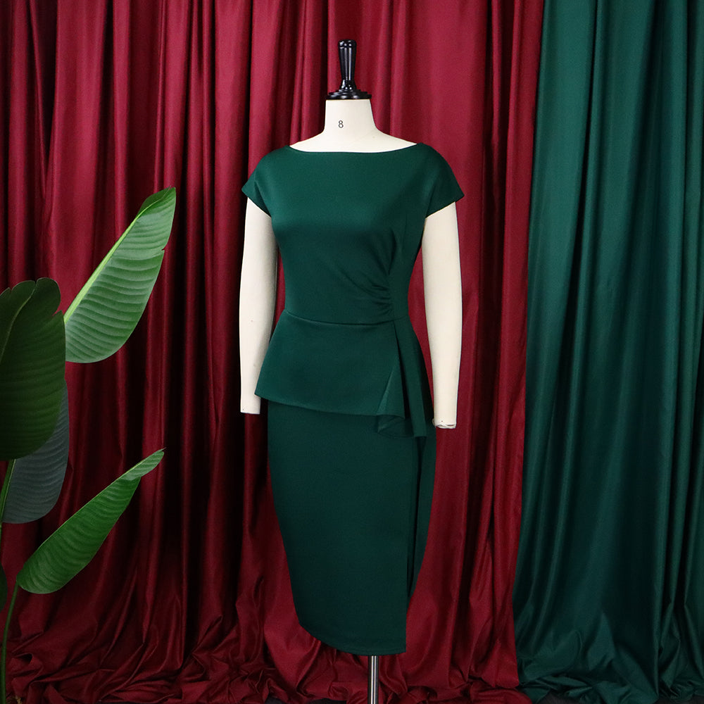 BamBam Women Summer Green Modest O-Neck Short Sleeves Solid Slit Midi Pleated Office Dress - BamBam