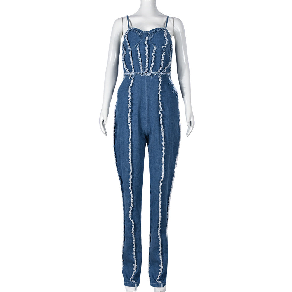 BamBam Women Sexy Cutout Tassel Zipper Suspenders Denim Jumpsuit - BamBam Clothing