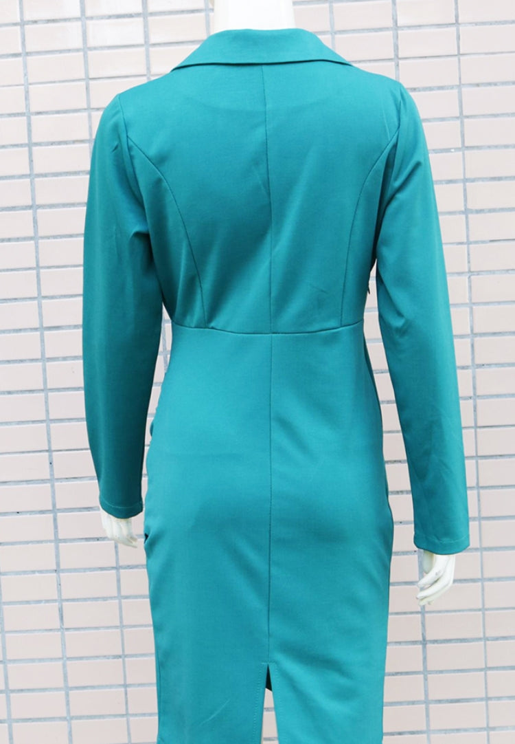 BamBam Spring Blue V-Neck Long Sleeve Wrap Office Dress - BamBam Clothing