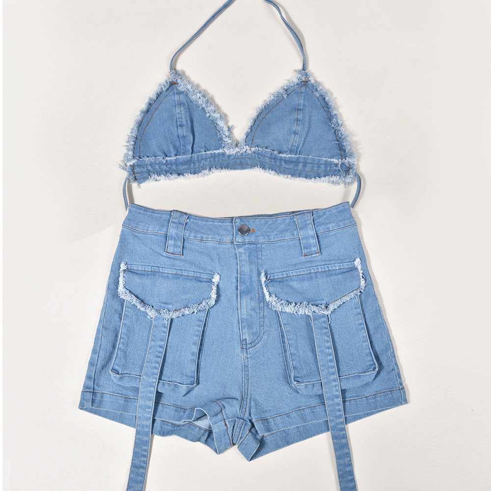 BamBam Women's Summer Sexy Fashion Cargo Pocket Shorts Wrapped Denim Bra Top Two Piece Set - BamBam