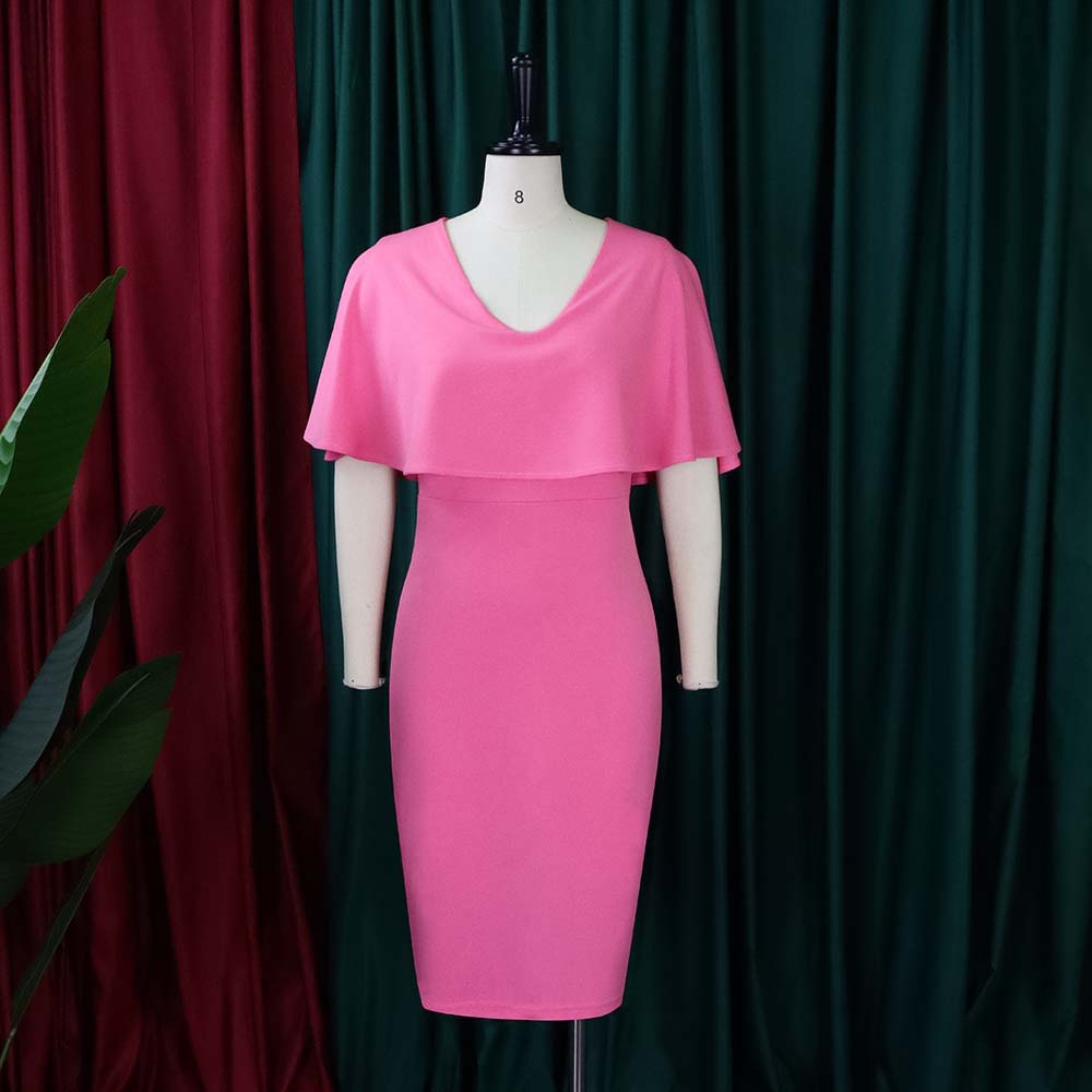 BamBam Women Summer Pink Formal V-neck Cape Sleeve Solid Midi Sheath Office Dress - BamBam