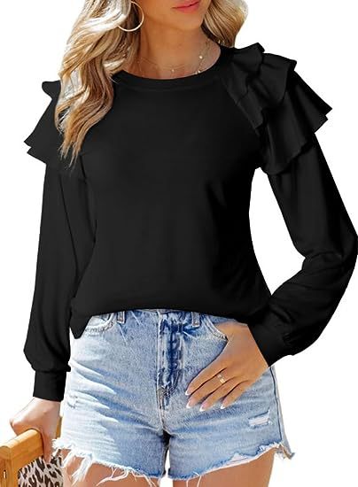 BamBam Autumn And Winter Ruffled Long-Sleeved Round Neck Pullover Solid Color T-Shirt Women's Top - BamBam