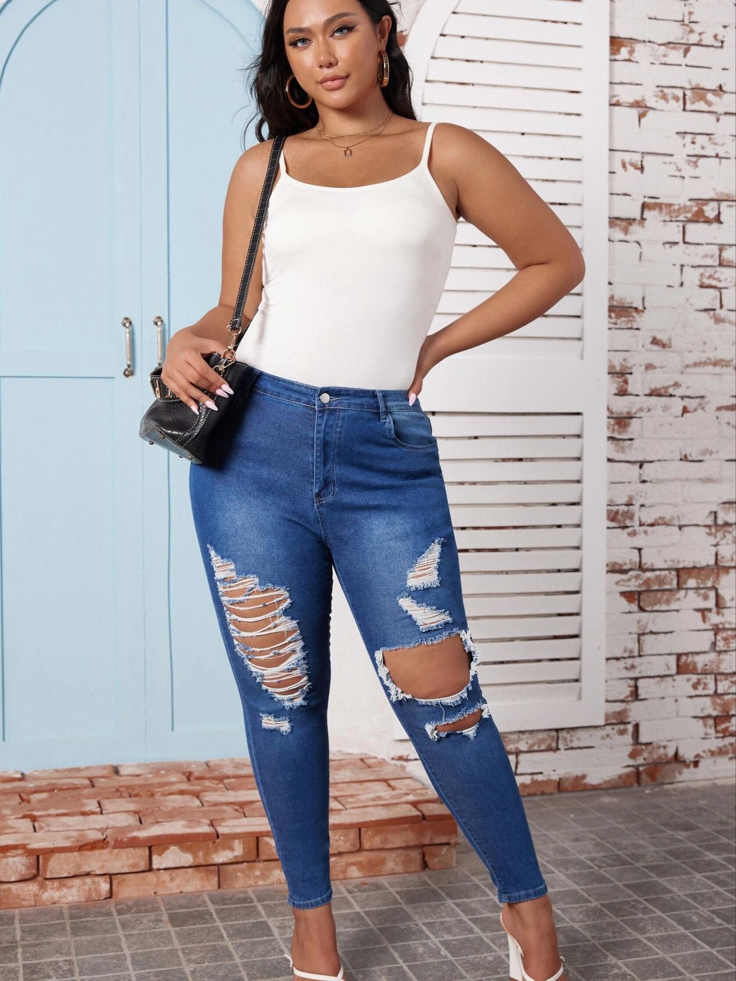 BamBam Plus Size Women Fall Ripped Denim Pants - BamBam