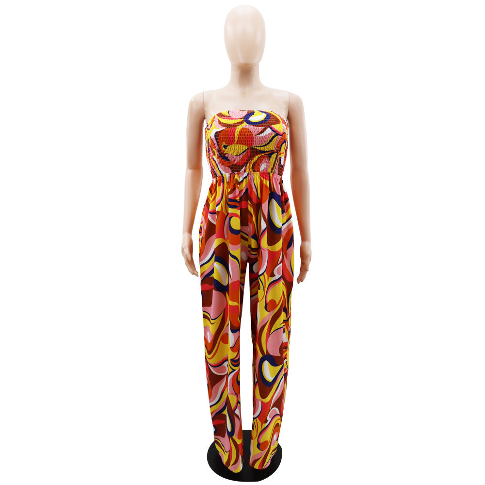 BamBam Casual Printed Low Back Strapless Loose Ladies Summer High Waist Women's Floral Jumpsuit - BamBam Clothing